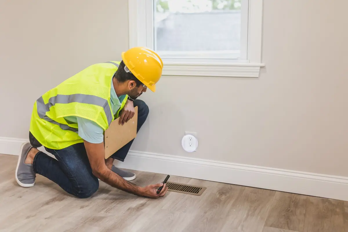 Inspector in a hard hat and hi-vis vest checking a floor vent in a bright room