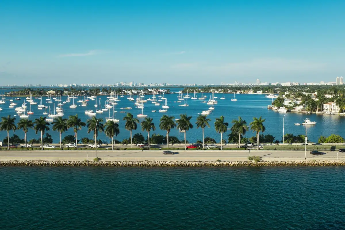 Causeway lined with palm trees beside a marina full of sailboats on Biscayne Bay